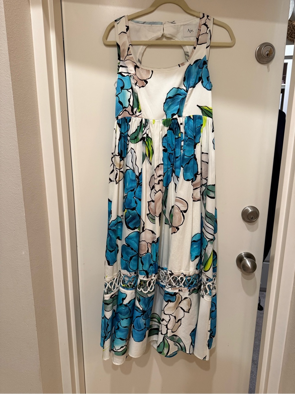 Aje White Maxi Dress with Blue Floral Print
